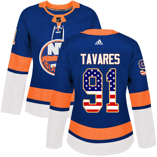 Adidas Islanders #91 John Tavares Royal Blue Home Authentic USA Flag Women's Stitched NHL Jersey - Click Image to Close